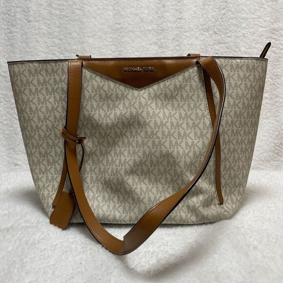 Michael Kors XL Acorn Vanilla Brown Signature Tote Bag MK Logo Designer Handbag - Picture 1 of 16